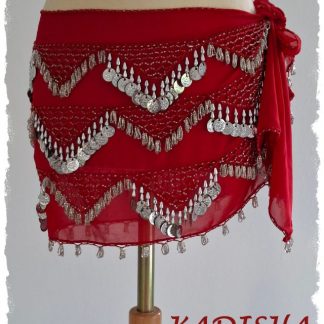 Hüfttuch aus Chiffon in rot, mit silbernen Perlen und Münzen, Größe S