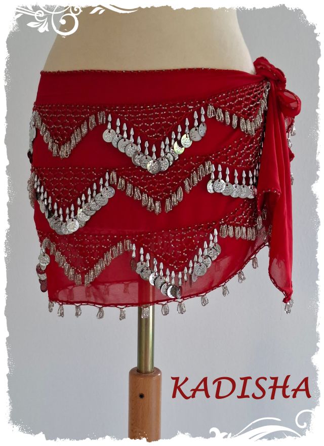 Hüfttuch aus Chiffon in rot, mit silbernen Perlen und Münzen, Größe S