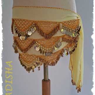 Hüfttuch aus Chiffon in vanillegelb, mit goldenen Perlen und Münzen, Größe S