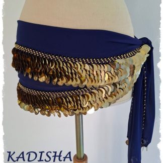 Klapp-Hüfttuch aus Chiffon in dunkelblau mit goldenen Pailletten und Münzen, verschiedene Größen