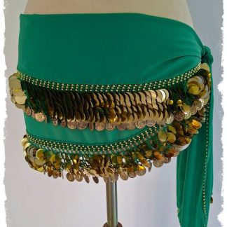 Klapp-Hüfttuch aus Chiffon in grün mit goldenen Pailletten und Münzen, Größe L