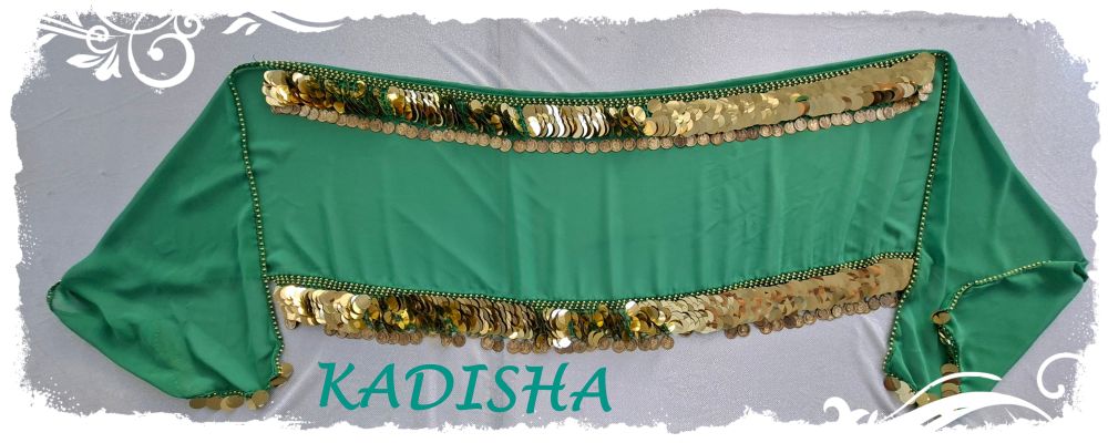 Klapp-Hüfttuch aus Chiffon in grün mit goldenen Pailletten und Münzen, Größe L – Bild 2
