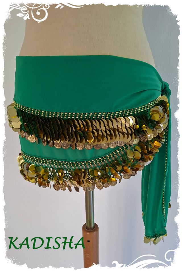 Klapp-Hüfttuch aus Chiffon in grün mit goldenen Pailletten und Münzen, Größe L