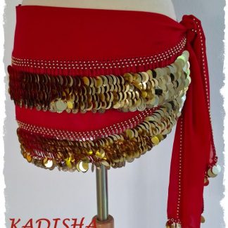 Klapp-Hüfttuch aus Chiffon in rot mit goldenen Pailletten und Münzen, Größe XL