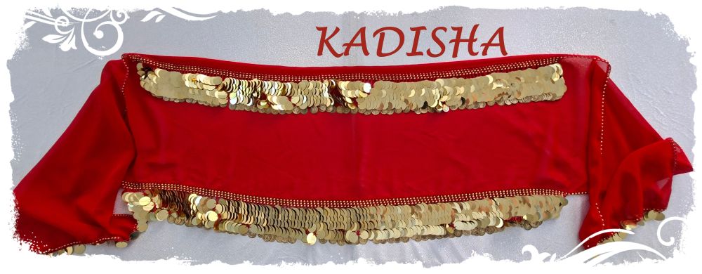 Klapp-Hüfttuch aus Chiffon in rot mit goldenen Pailletten und Münzen, Größe XL – Bild 2
