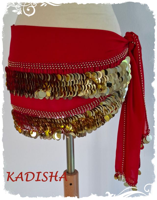 Klapp-Hüfttuch aus Chiffon in rot mit goldenen Pailletten und Münzen, Größe XL