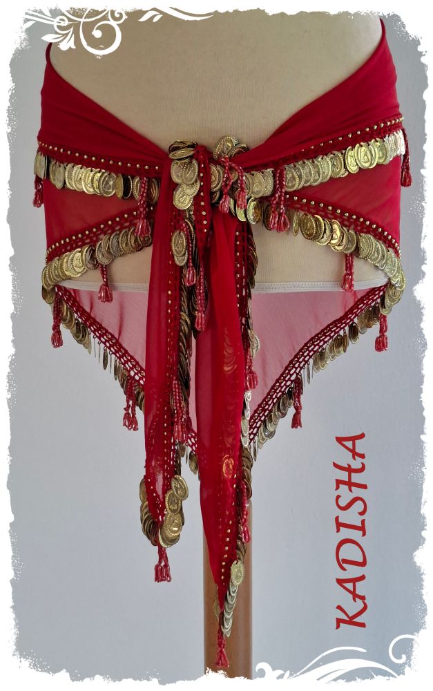 Dreiecktuch aus Chiffon in rot mit goldenen Münzen, Einheitsgröße