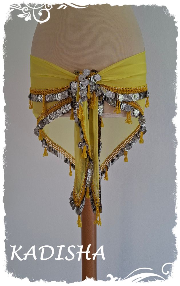 Dreiecktuch aus Chiffon in zitronengelb mit silbernen Münzen, Einheitsgröße