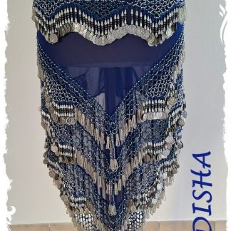 Dreicktuch aus Chiffon in dunkelblau mit silbernen und blau irisierenden Perlen und silbernen Münzen, Größe L