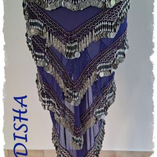 Dreicktuch aus Chiffon in lila mit silbernen und blaulila irisierenden Perlen und silbernen Münzen, Größe L