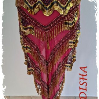 Dreicktuch aus Chiffon in coralle mit goldenen und blau irisierenden Perlen und goldenen Münzen, Größe M