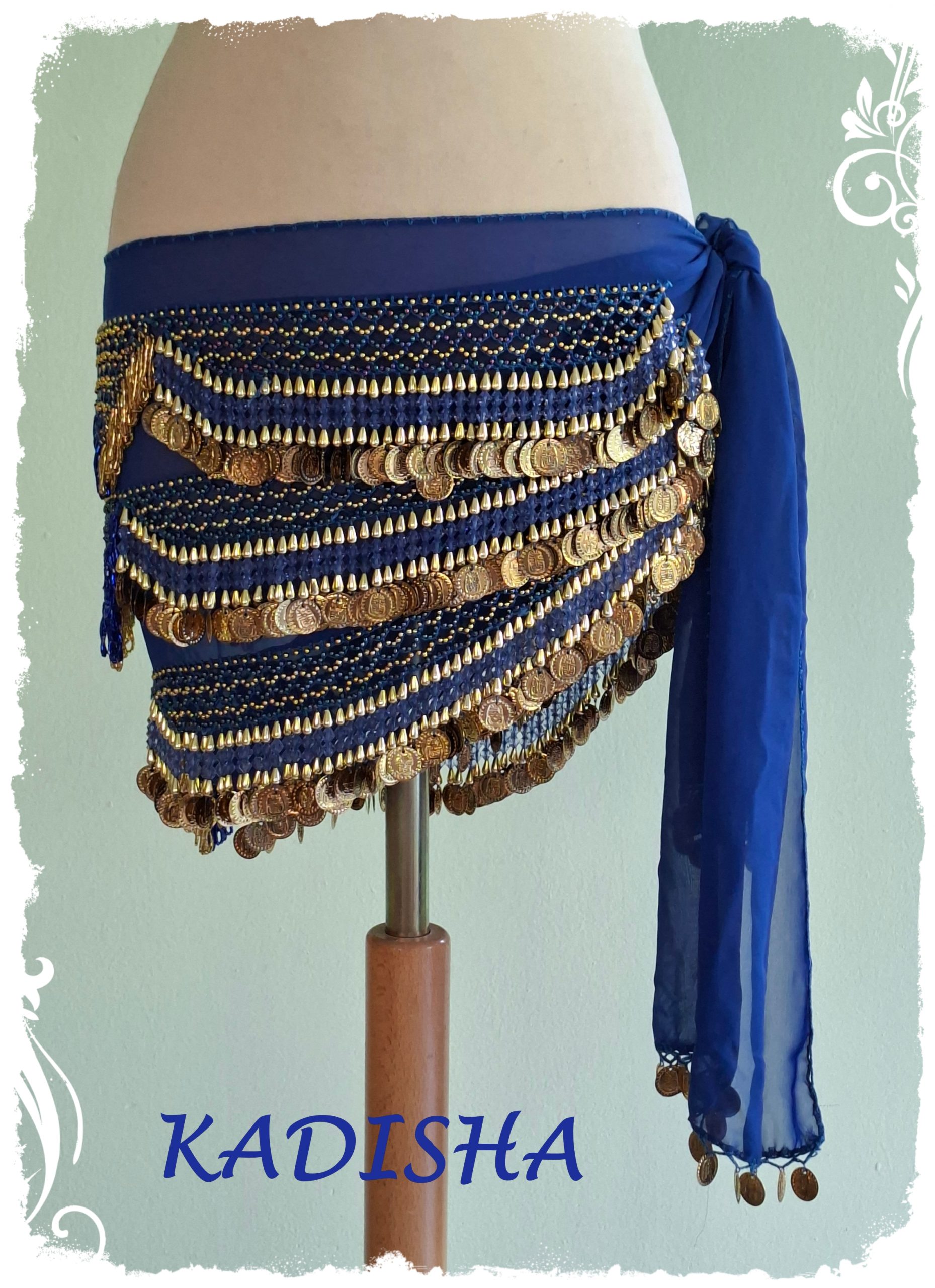 Hüfttuch aus Chiffon in dunkelblau, mit goldenen und blau irisierenden Perlen und goldenen Münzen, Größe M