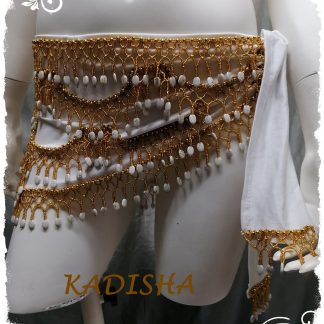 Hüfttuch aus Lycra in weiß mit goldenen und weißen Perlen, Größe M