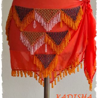 Hüfttuch aus Chiffon in orange mit orangefarbenen und goldenen Perlen, Größe XL