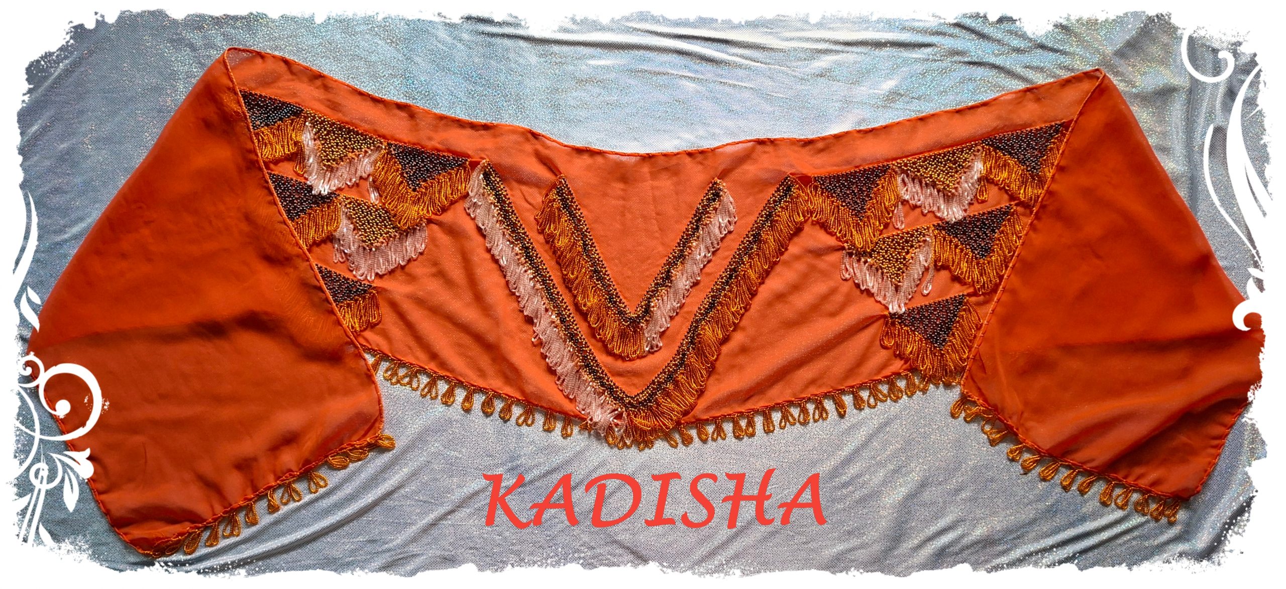 Hüfttuch aus Chiffon in orange mit orangefarbenen und goldenen Perlen, Größe XL – Bild 2