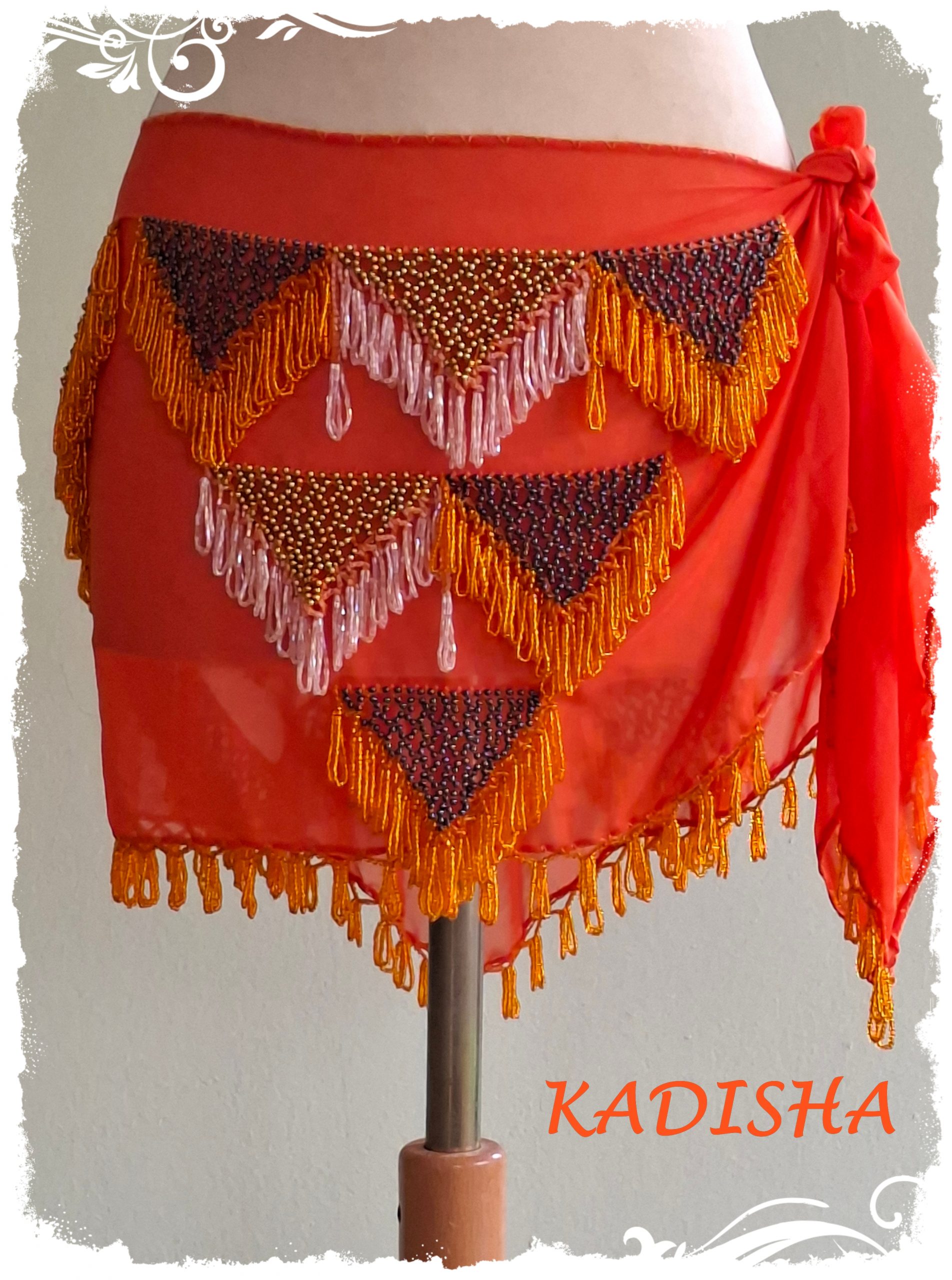 Hüfttuch aus Chiffon in orange mit orangefarbenen und goldenen Perlen, Größe XL