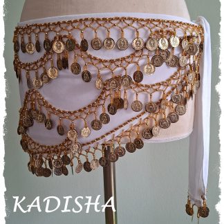 Hüfttuch in weiß aus Lycra mit goldenen Münzen, Größe XXL