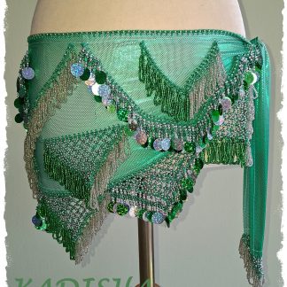Hüfttuch in grün mit silbernen Perlen und Holo-Plättchen, Größe M