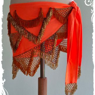 Hüfttuch aus Lycra in neonorange mit orangen und goldenen Perlen, Größe M