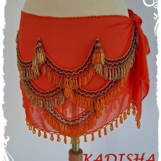 Hüfttuch aus Chiffon in orange mit goldenen, orangen und blau irisierenden Perlen, Größe XL