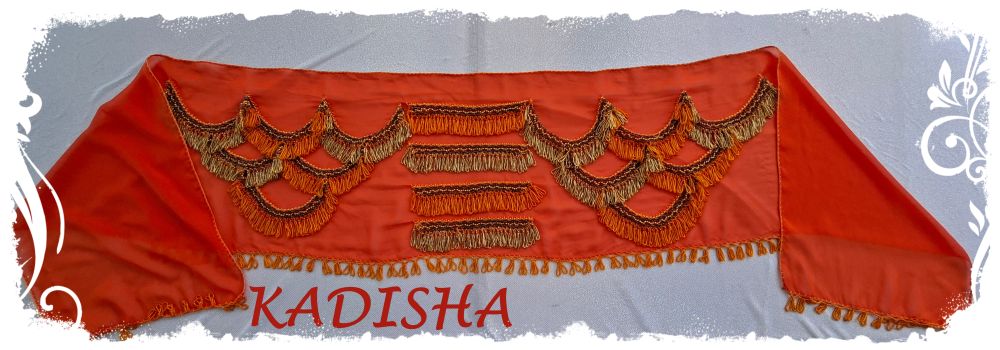 Hüfttuch aus Chiffon in orange mit goldenen, orangen und blau irisierenden Perlen, Größe XL – Bild 2