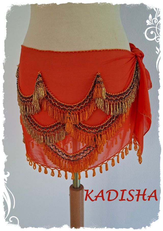 Hüfttuch aus Chiffon in orange mit goldenen, orangen und blau irisierenden Perlen, Größe XL