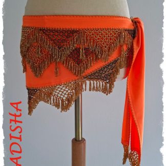 Hüfttuch aus Lycra in neonorange mit orangen und goldenen Perlen, verschiedene Größen