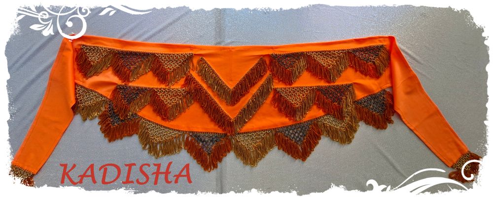 Hüfttuch aus Lycra in neonorange mit orangen und goldenen Perlen, Größe L – Bild 2