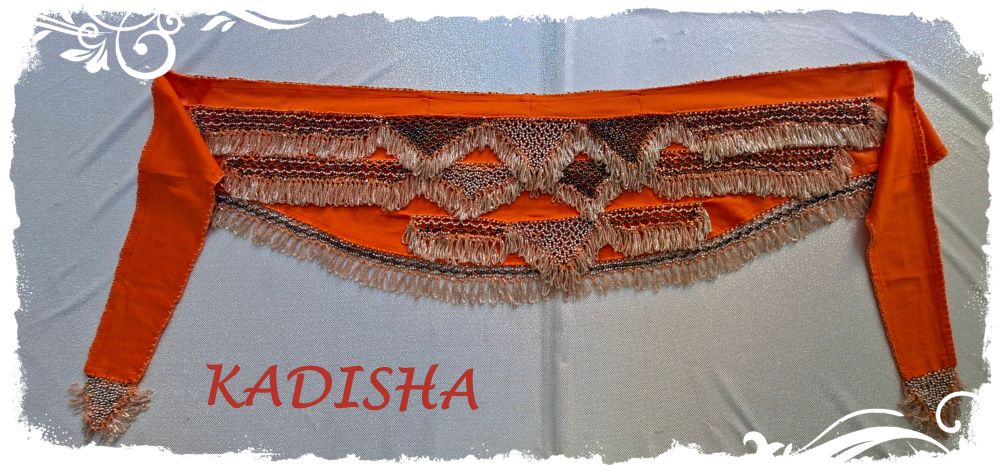 Hüfttuch aus Lycra in orange mit silbernen- und blau irisierenden Perlen, Größe M / L – Bild 2