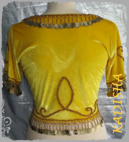 Komplettes Set 4.-tlg. aus Stretchsamt, Oberteil mit Kurzarm und Hüfttuch in gelb mit goldenen Münzen sowie Rock und Schleier in gelb, Größe L – Bild 3