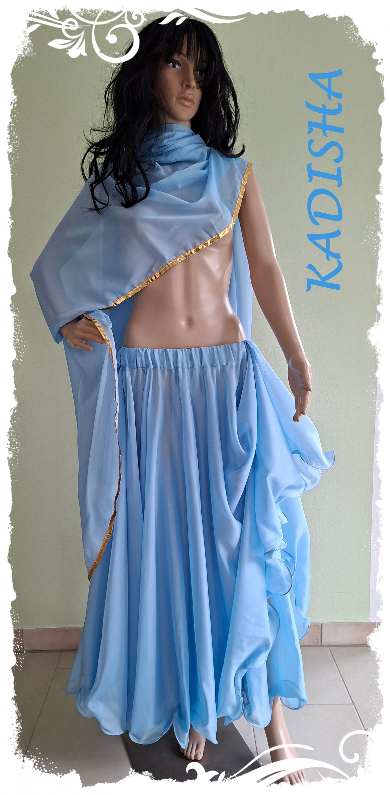 Rock weit und doppellagig mit Rollsaum in hellblau, Schleier mit Silberborte oder Goldborte, Größe M