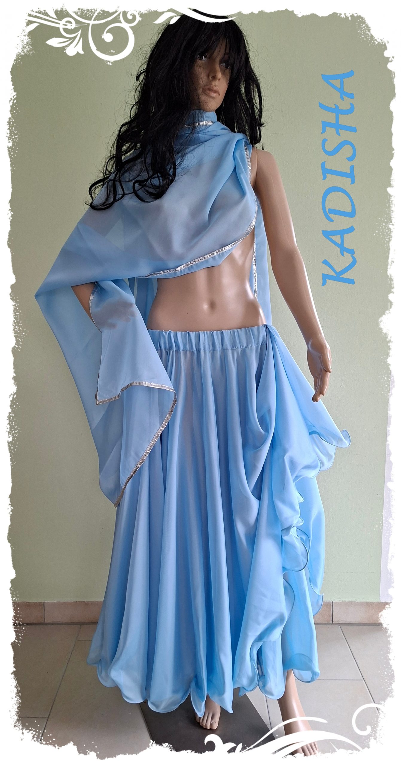 Rock weit und doppellagig mit Rollsaum in hellblau, Schleier mit Silberborte oder Goldborte, Größe M – Bild 2