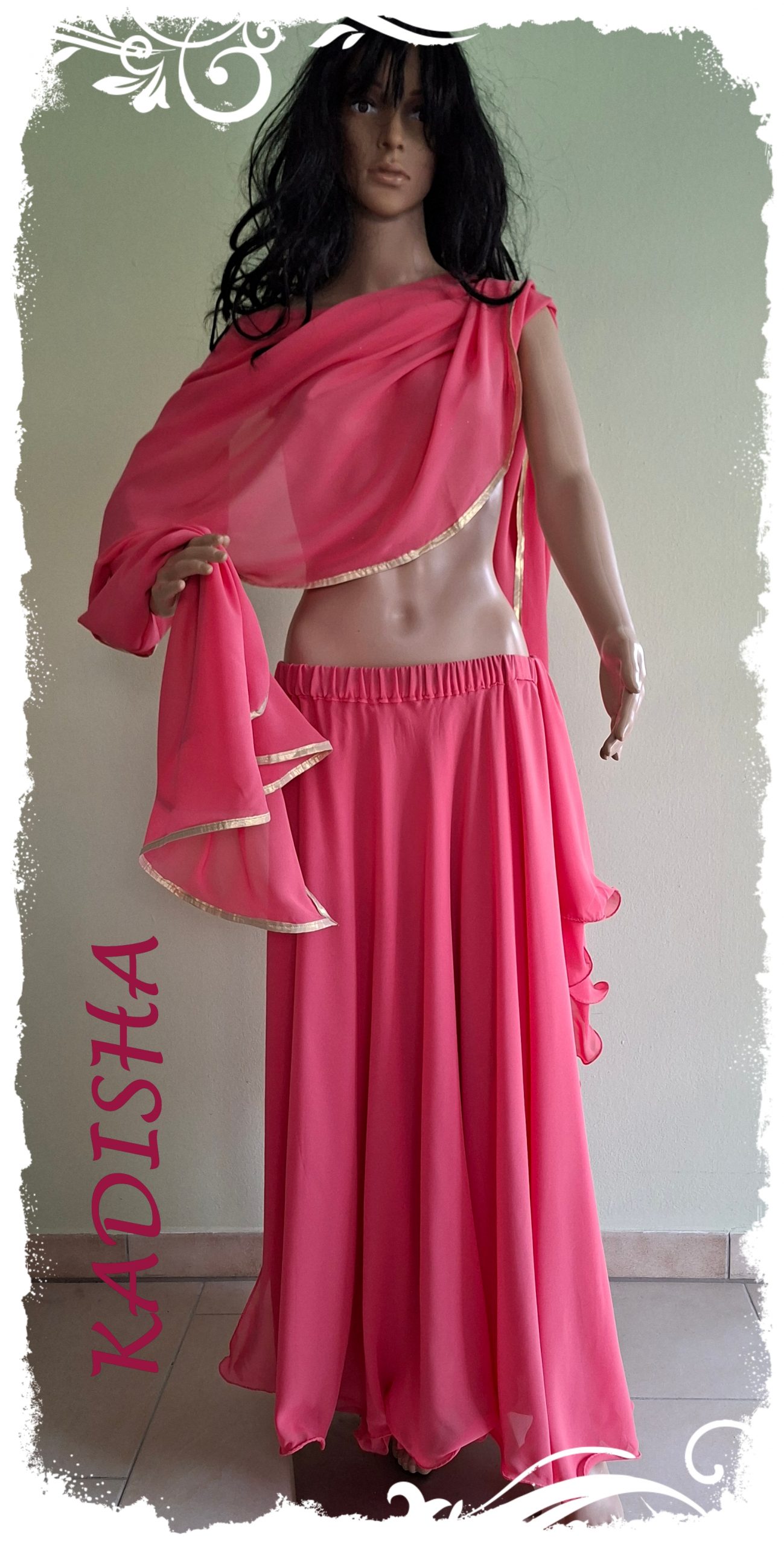 Rock weit und doppellagig mit Rollsaum in altrosa, Schleier mit Silberborte oder Goldborte, Größe L