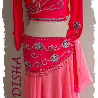 Komplettes Set 4 tlg. in einem gigantischem Neonrot, Wickeloberteil und Hüfttuch bestickt mit silbernen irisierenden Pailletten und Steinchen, Rock in Neonrot, Gr. M