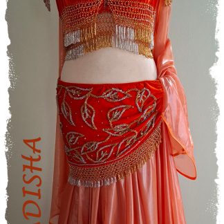 Komplettes Set 4-tlg. aus Stretchsamt in orange, Oberteil mit Nackenträger und Hüftschärpe in gold und silber bestickt, dazu ein glänzender Rock mit Schleier, Gr. M-L