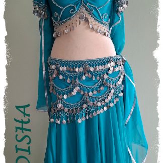 Komplettes Set 4-tlg. in petrol, Oberteil mit Kurzarm und Hüfttuch mit silbernen Perlen und Münzen, dazu passender Rock und Schleier, Gr. M