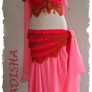 Komplettes Set 4-tlg. in leuchendem neonrot, Oberteil und Hüfttuch Farbe in Farbe, dazu ein weiter Rock in Neonrot mit Schleier, Größe S