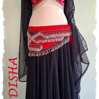 Tanzoutfit 4 tlg. kombiniert in rot mit schwarz, Oberteil und Hüfftuch in sattem rot mit silbernen Perlen, Glitzerrock in schwarz, Größe M