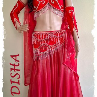 Bauchtanzoutfit 5 tlg. in rot, Top ohne Arm mit Armstulpen, Glanzrock weit in rot, Größe S