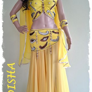 Bauchtanzkostüm 5 tlg. in zitronengelb mit silber und mocca, Oberteil ohne Ärmel mit Armschmuck, Chiffonrock weit in zitronengelb, Größe L