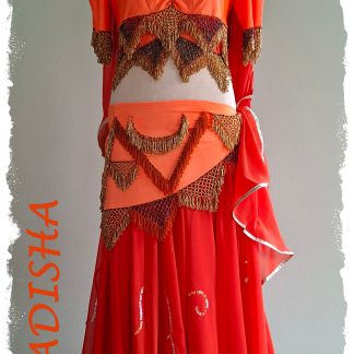 Bauchtanzoutfit 4 tlg. , kombiniert in Orangetönen, Oberteil und Hüfttuch in neonorange, Rock weit in sattem orange, Größe XL