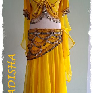 Bauchtanzoutfit 4.-tlg. aus Stretchsamt, Oberteil mit Kurzarm und Hüfttuch in gelb mit goldenen Münzen sowie Rock und Schleier in gelb, Größe XXL