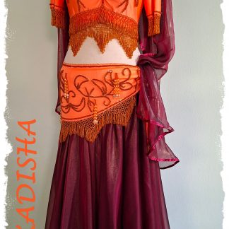 Bauchtanzoutfit 4 tlg. kombiniert in kräftigem neonorange mit schimmernden dunkelrot, Größe S