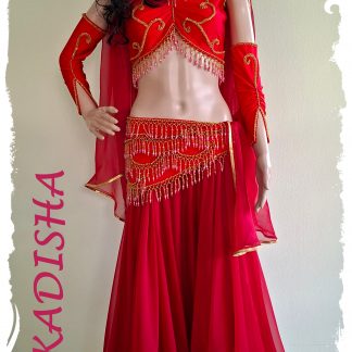 Tanzkombination in rot/gold 5 tlg., Top mit Armschmuck und Gürtel in rot mit gold bestickt, dazu ein weiter Chiffonrock in rot, Größe S