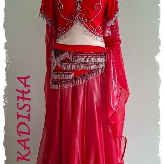Bauchtanzoutfit 4 tlg. in kräftigem rot, Oberteil und Hüfttuch mit silbernen Perlen, Glanzrock weit in rot, Größe XL
