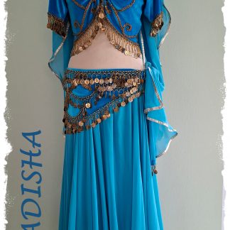 Tanzoutfit 4.-tlg., Oberteil mit Kurzarm und Hüfttuch aus Stretchsamt in türkis mit goldenen Münzen sowie doppellagiger Rock mit Schleier in hell-türkis, Größe XL