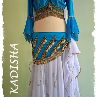 Bauchtanzkostüm 3 tlg. kombiniert in türkis mit weiß und gold, Oberteil mit schönen Ärmelabschluss und extra weitem Rock, Gr. XL
