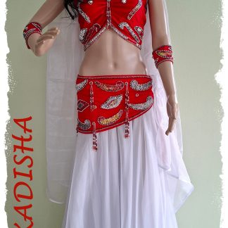 Tanzoutfit 5 tlg. kombinieert in rot und weiß, Oberteil ohne Ärmel mit Armschmuck in rot, Glanzrock weit in weiß, Größe L