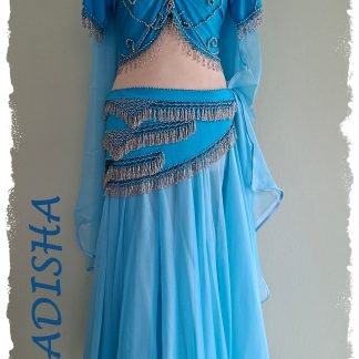 Tanzoutfit in türkis 4 tlg., Oberteil und Hüfttuch silber bestickt, Glitzerrock weit in hellblau, Größe XL