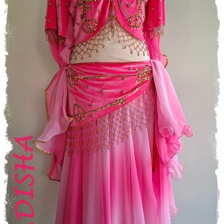 Bauchtanzoutfit 4 tlg, in "neonpink", Oberteil und Hüfttuch aus Stretchsamt, Rock im Farbverlauf pink, Größe XL